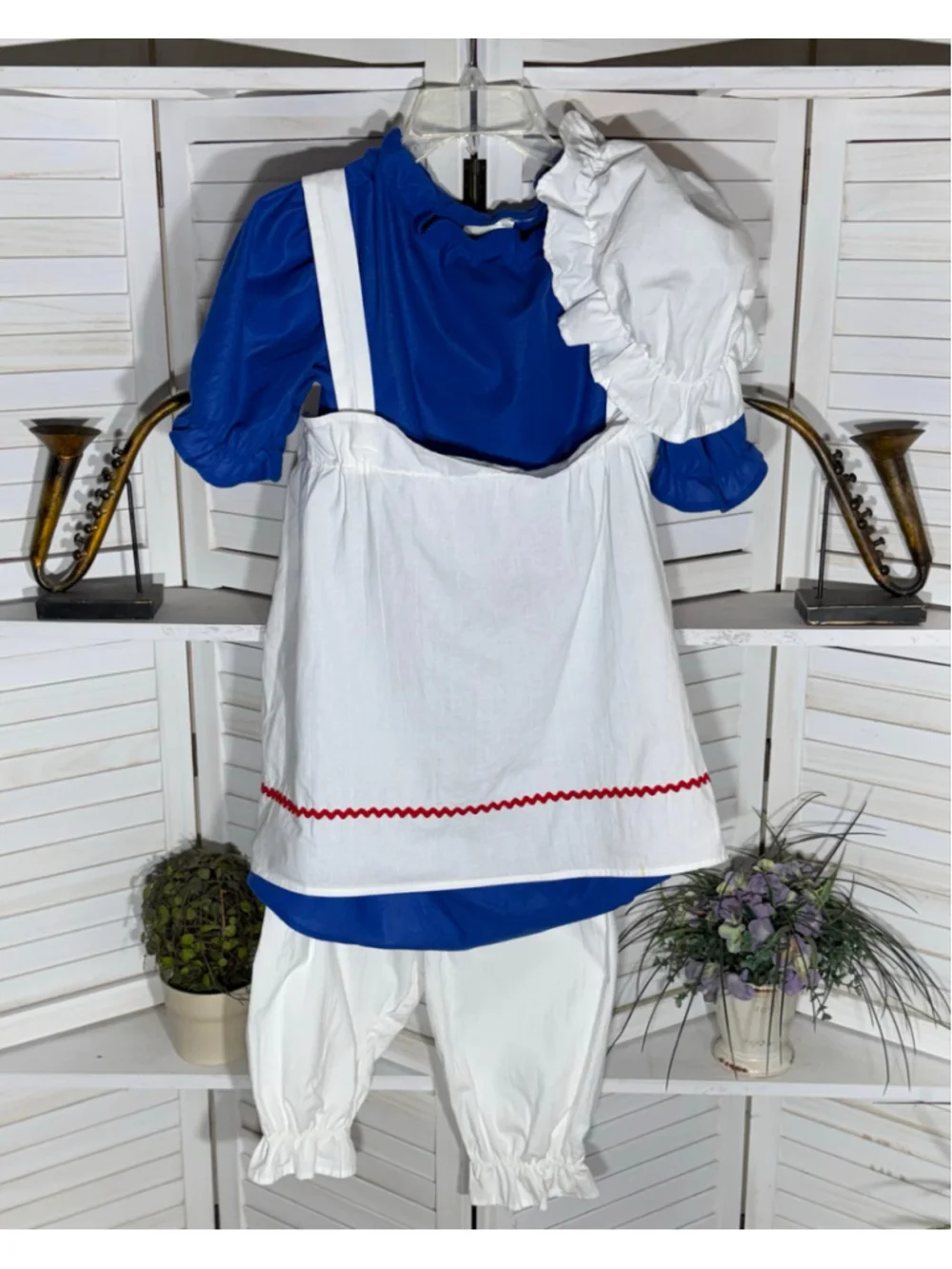 Vintage rag doll Costume Raggedy Ann Halloween cap top apron pantaloons kid sz M